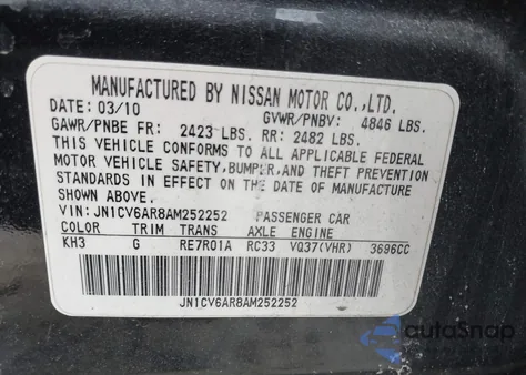 2010 Infiniti G37X z USA, uszkodzony, nr VIN JN1CV6AR8AM252252